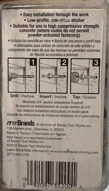 125 Quantity of Red Head Hammer-Set Nail Drive Anchors 1/4" x 1" (5 Boxes of 25)