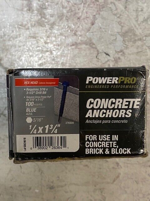 100pcs of PowerPro Conrete Anchors 1/4"x1-3/4" Blue Hex Head (100 Quantity)