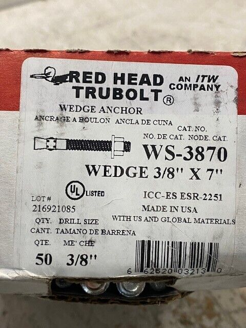 80 Qty of Red Head 06935340 Wedge Anchors 3/8 x 7" Carb Steel WS-3870 (80 Qty)