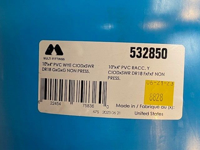 Multi Fittings 10"x4" PVC WYE CIODxSWR DR18 GxGxG Non Press FxFxF 532850