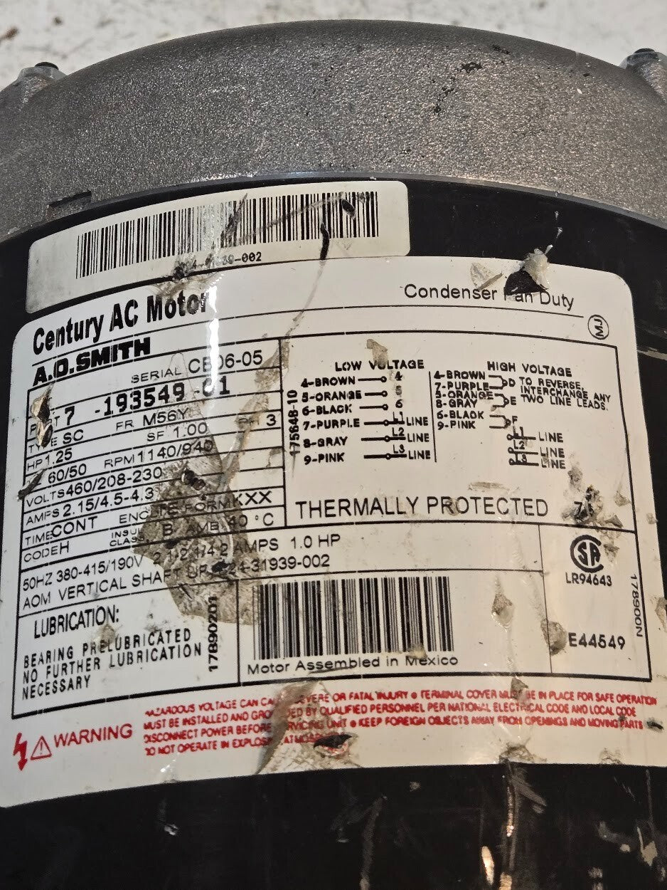 Century AC Motor 7-193549-01 Condenser Fan 1.25 HP 1140/940 RPM | 208-230 V