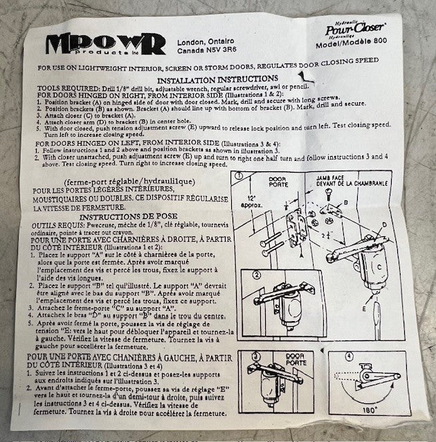 MPOWR Model 800 Hydraulic Powr-Closer Adjustable Door Closer Heavy Duty