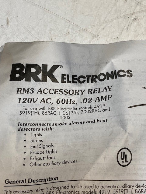 BRK Electronics Model RM3 Accessory Relay 120V AC 60Hz .02AMP