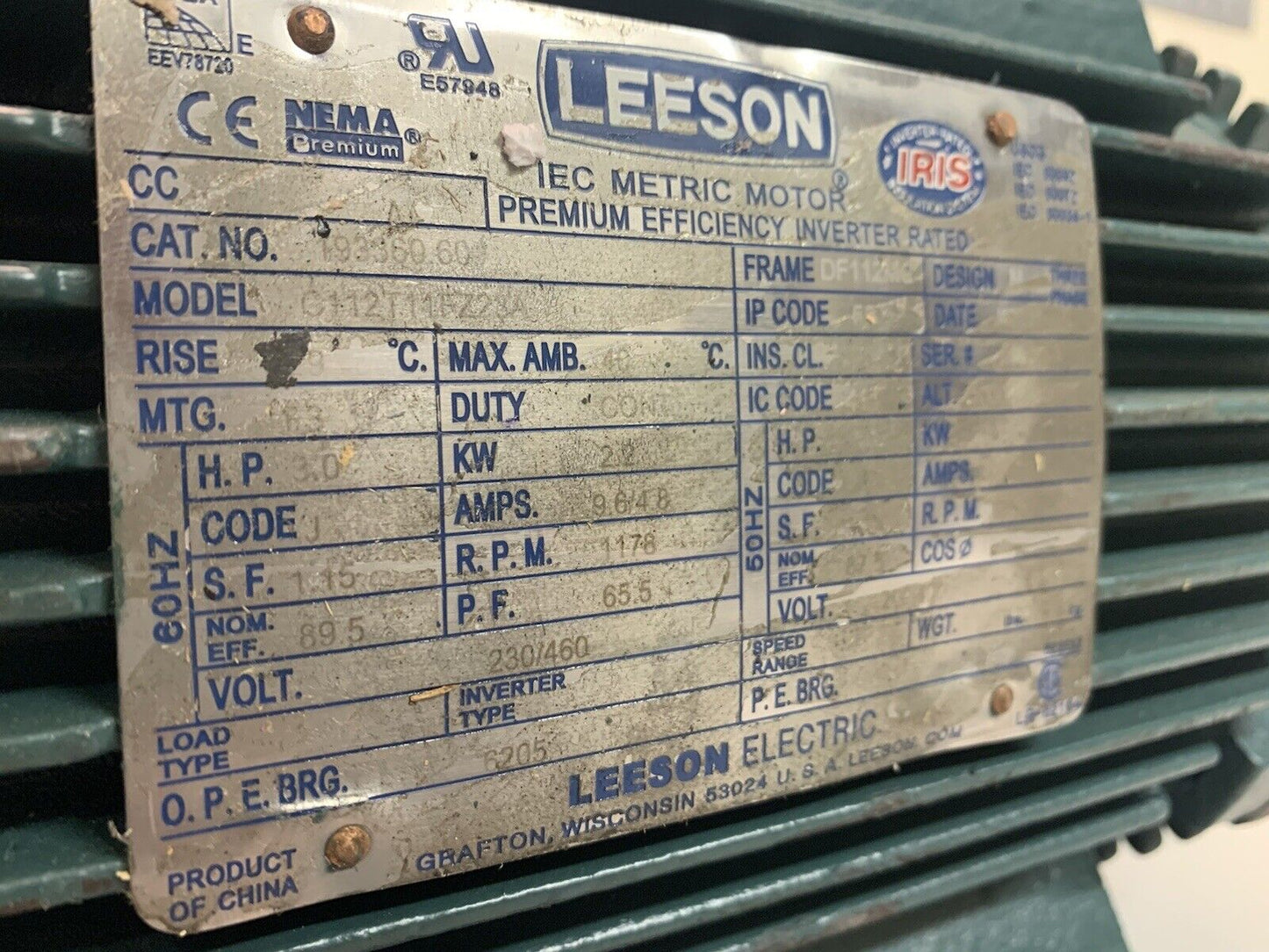 LEESON 193360.60 C112T11FZ23A Metric Motor 50- 60 Hertz 3HP 9.6/4.8 Amps