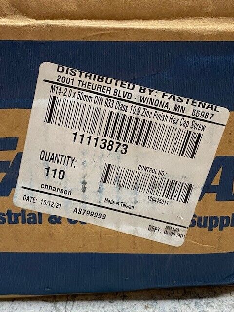 17.7 lb box of Fastenal M14-2.0 x 50mm DIN 933 Class 10.9 Hex Cap Screws