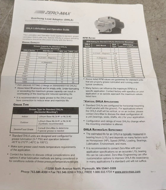 Zero Max L930002 Bearing Replacement Kit For Assemblies Requiring 900 0-7 PSI