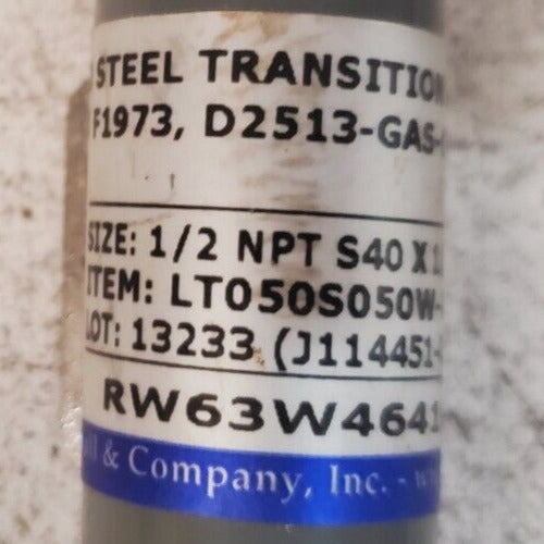 Lyall Pe to Steel Transition Fitting LT050S050W-BT 1/2 NPT S40 X 1/2 IPS DR 9.3