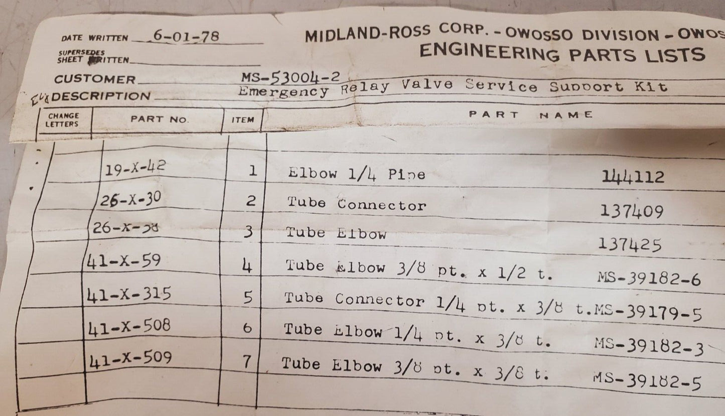 Midland Emergency Relay Valve Service Support Kit SN-3713-G | MS-53004-2