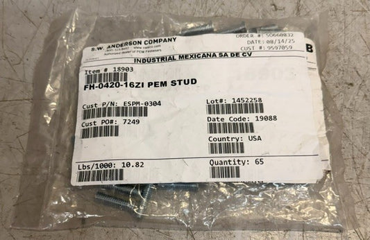 Bag Of 65 S.W. Anderson PEM Self- Clinching Flush-Headed Studs FH-0420-16ZI