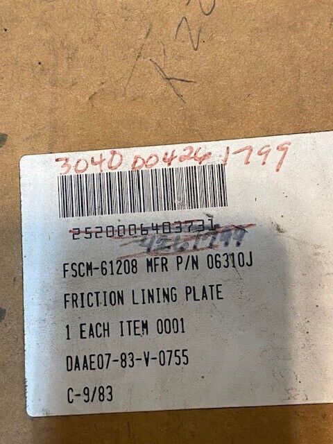 Friction Lining Plate 06310J | FSCM-61208 | DAAE07-83-V-0755 | 72-Teeth