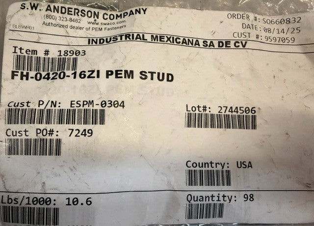 Bag Of 98 S.W.  Anderson FH-0420-16ZI PEM Self-Clinging Flush Stud Replacements