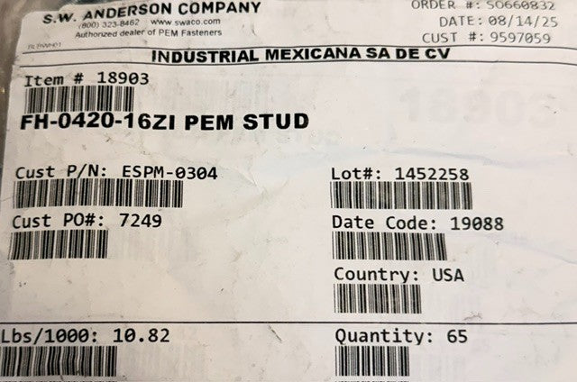 Bag Of 65 S.W. Anderson PEM Self- Clinching Flush-Headed Studs FH-0420-16ZI