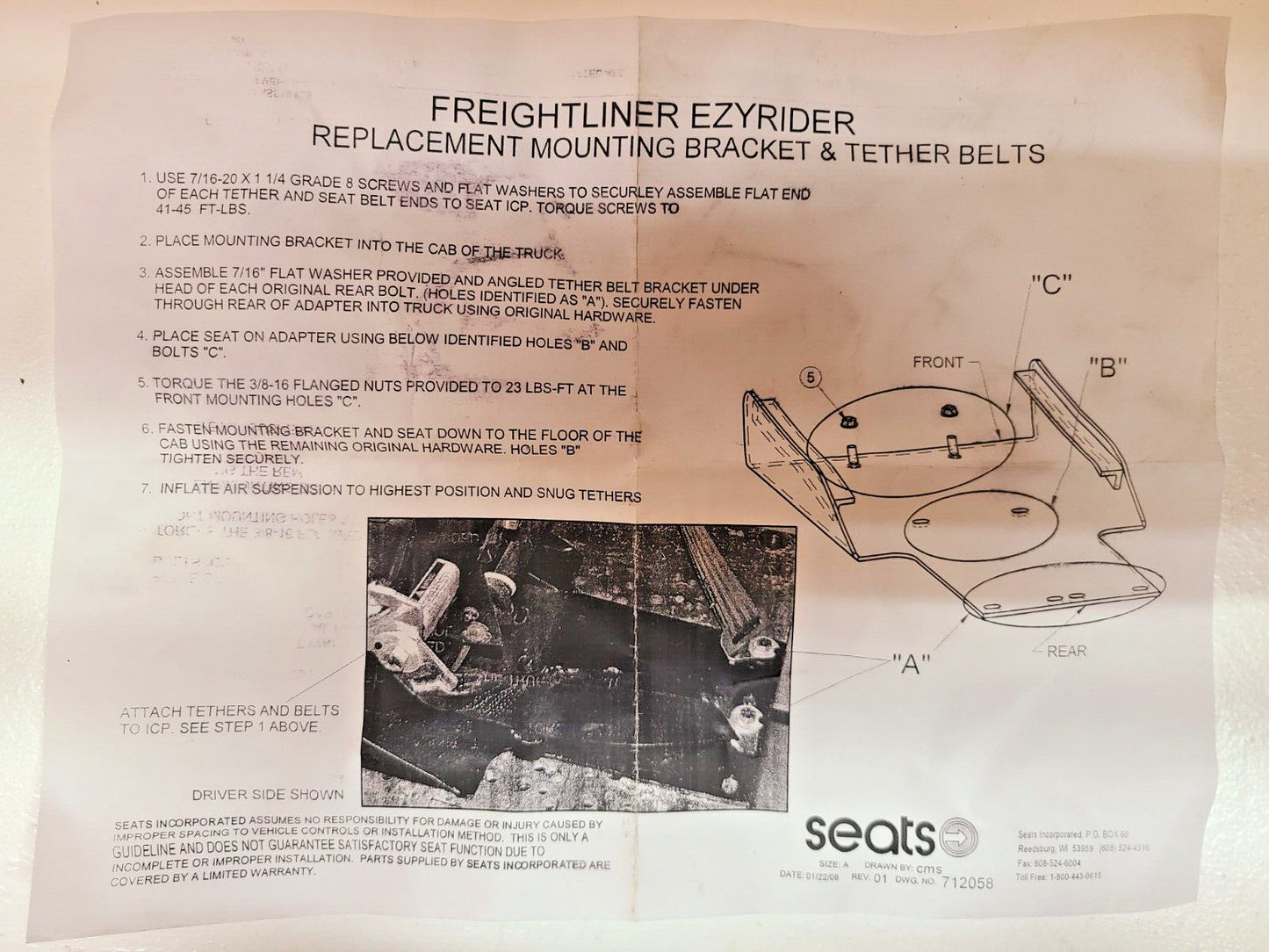 Seats For Freightliner Ezyrider Mounting Bracket & Tether Belt Kit 712058