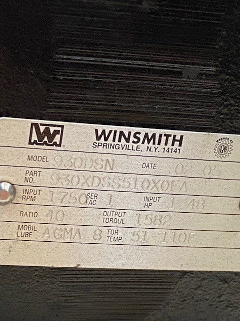 Winsmith 930 Speed Reducer 930XDSS510X0FA Model 930DSN Input RPM 1750