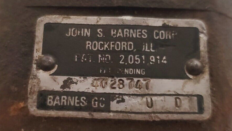 John S Barnes Hydraulic Pump 4028692 | GC5183 | Pat 2,051,914