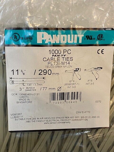 Panduit 1000 Pack of Cable Ties PLT3I-M14 Telco Gray Nylon