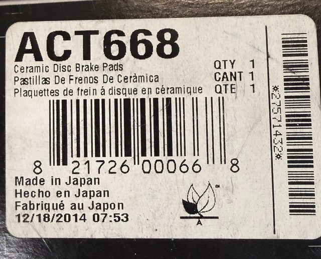 Box Of 4 Akebono ProACT Ultra-Premium Ceramic Brake Pads ACT668 Automotive Units