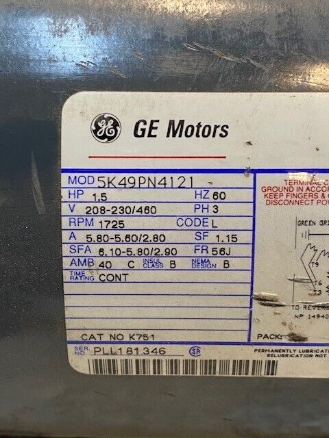 GE Motors Pump Motor 5K49PN4121 HP 1.5 V 208-230/460 RPM 1725 3-Phase