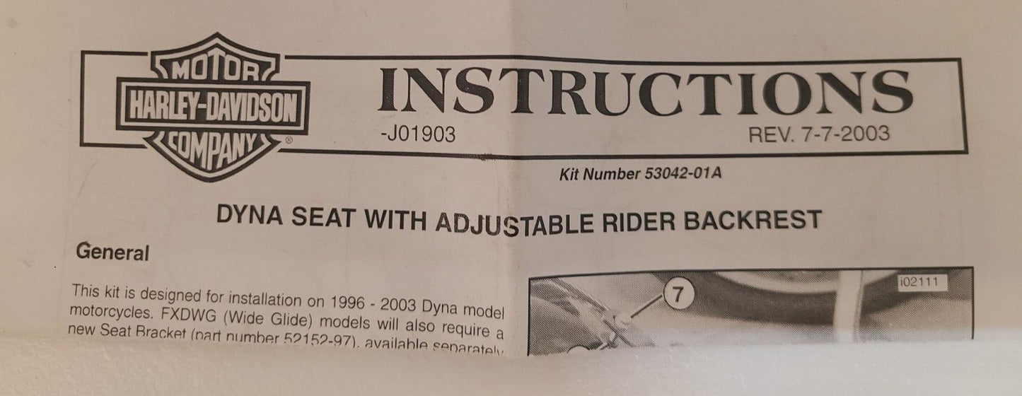 Harley-Davidson Dyna Seat Adjustable Rider Backrest Kit 53042-01A