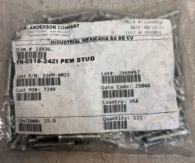 Bag Of 121 S.W. Anderson Zinc Plated FH-0518-24ZI PEM Studs Flat Tops