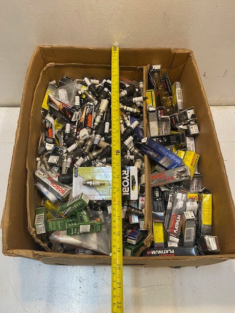 50lb Box of a Variety of Laser, Autolite, Bosch, AC Delco, Motocraft Spark Plugs