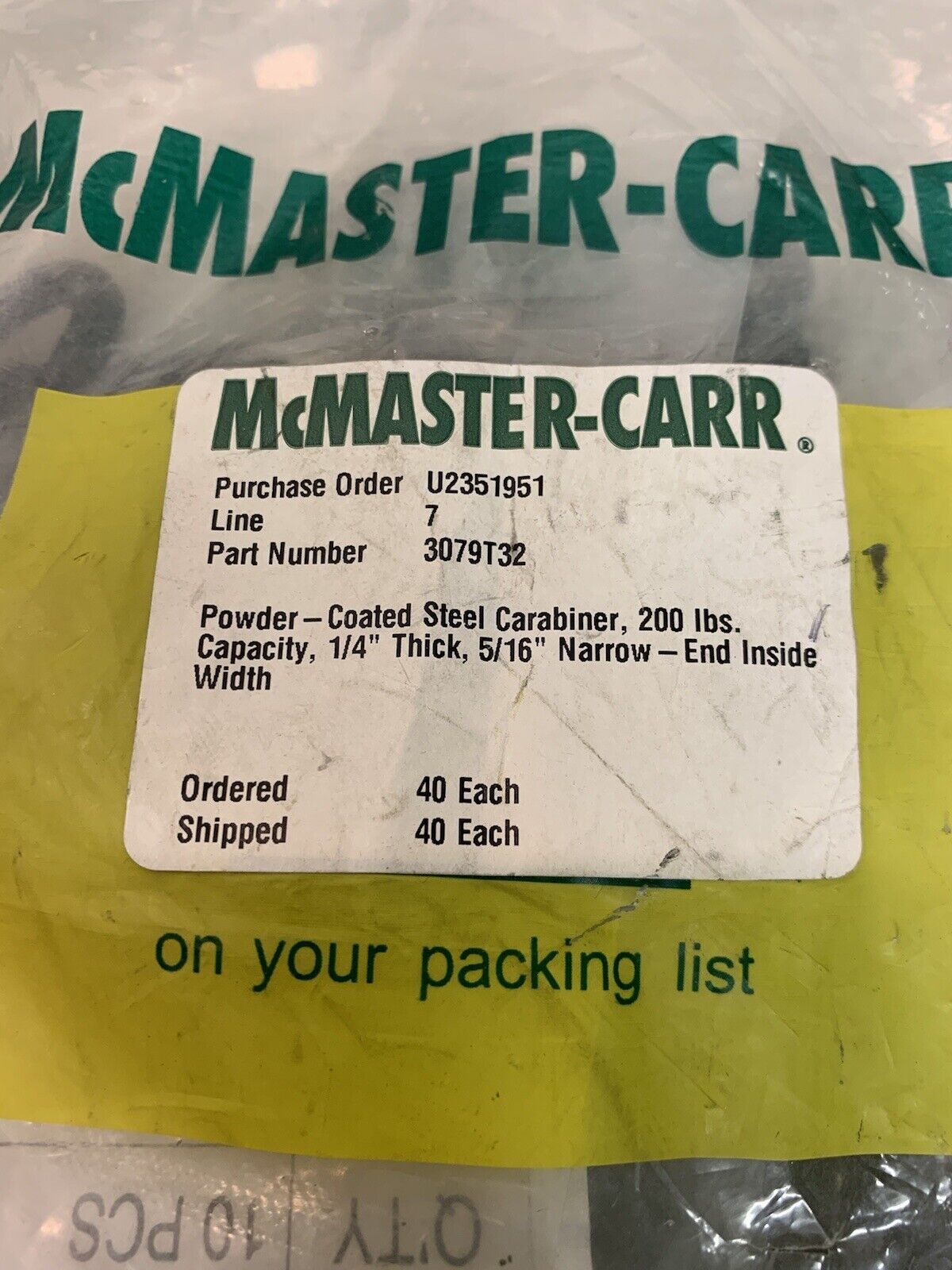 40 Pack of McMaster-Carr Powder Coated Steel Carabiners 200Lb, 1/4” Thick, 5/16”