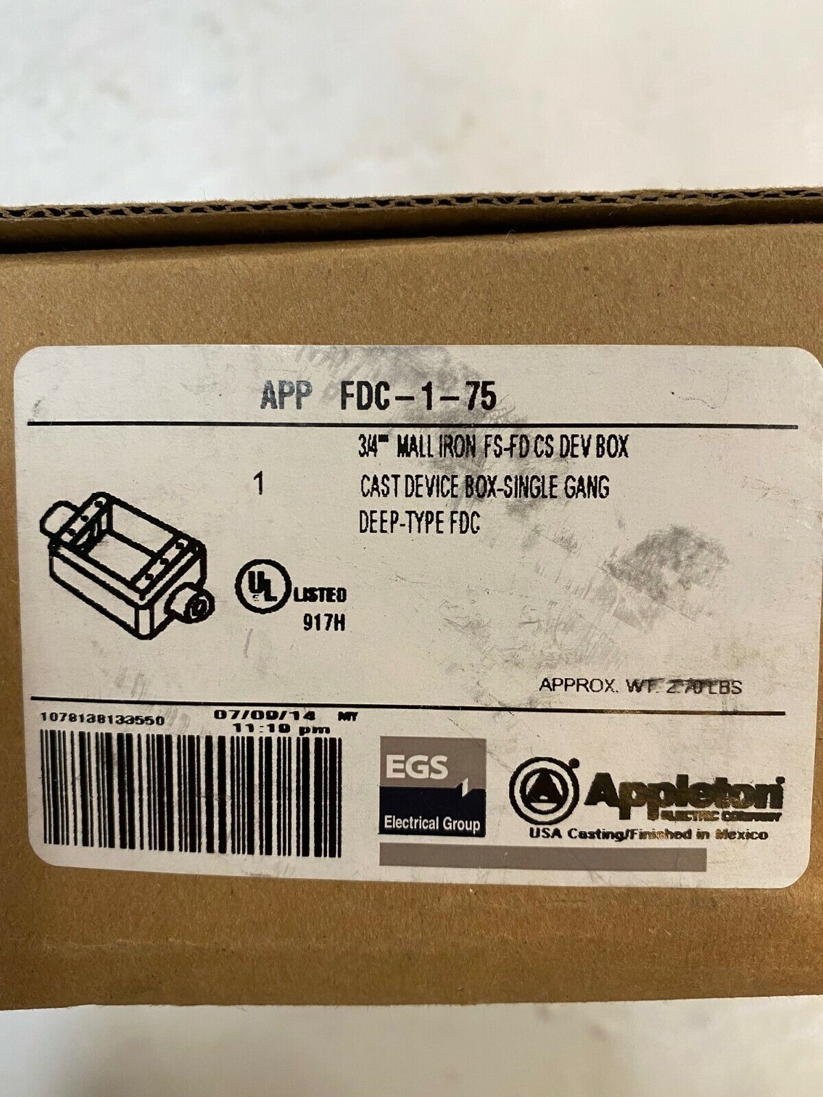 Emerson Appleton FDC-1-75 3/4" Device Box Malleable Iron FS-FD CS Cast Device