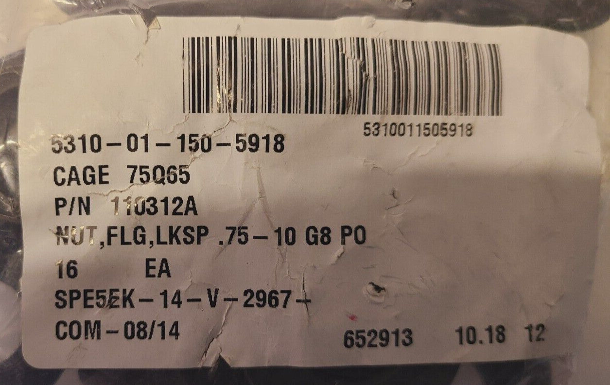 16 Quantity of Lock Nuts FLG LKSP .75-10 G8 P0 | 110312A | CAGE 75Q65 (16 Qty)