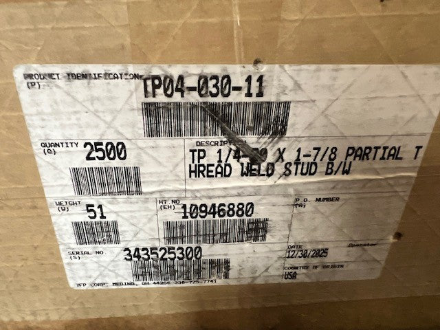 2500 Count Box Of TP 1/4-20 X 1-7/8 Partial Thread Weld Studs TP04-030-11