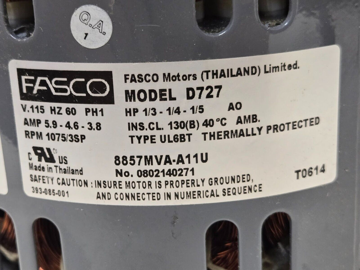 Fasco Model D727 Fan Motor 1/3 HP | 5.9A | 115V | 1075 RPM | 8857MVA-A11U