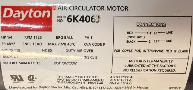 Dayton Air Crculator Motor 6K406J Heavy-Duty AC Electric Motor Commercial Fans