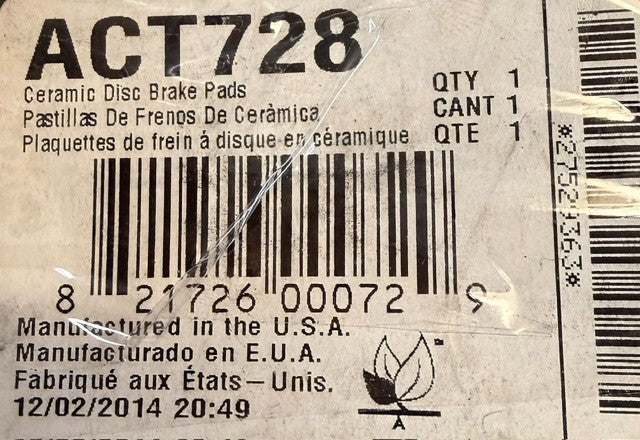 Box Of 4 Akebono ProACT Ultra-Premium Ceramic Disc Brake Pads ACT728
