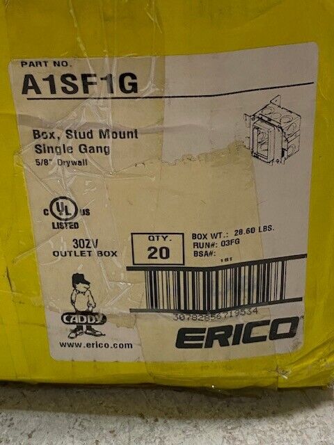 Case of 20 Quantity of Caddy Erico A1SF1G Stud Mount Boxes Single Gang