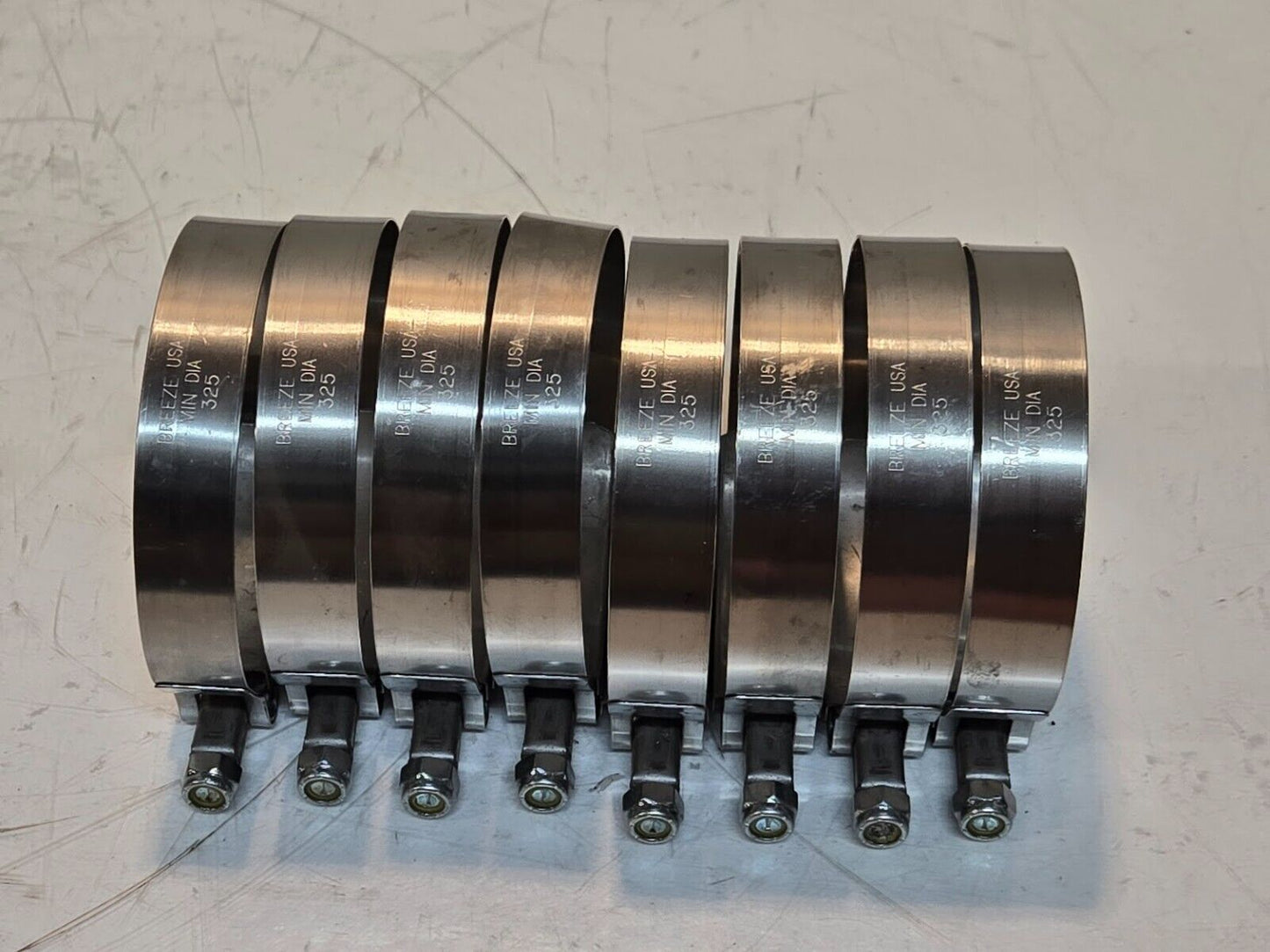 8 Quantity of Breeze T-Bolt Hose Clamps Min Dia 325 Stainless Steel Band (8 Qty)