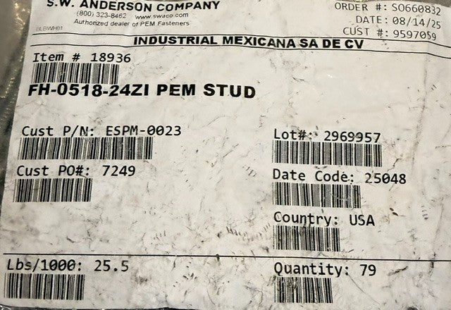 Bag Of 79 S.W. Anderson Zinc Plated FH-0518-24ZI PEM Studs Flat Top