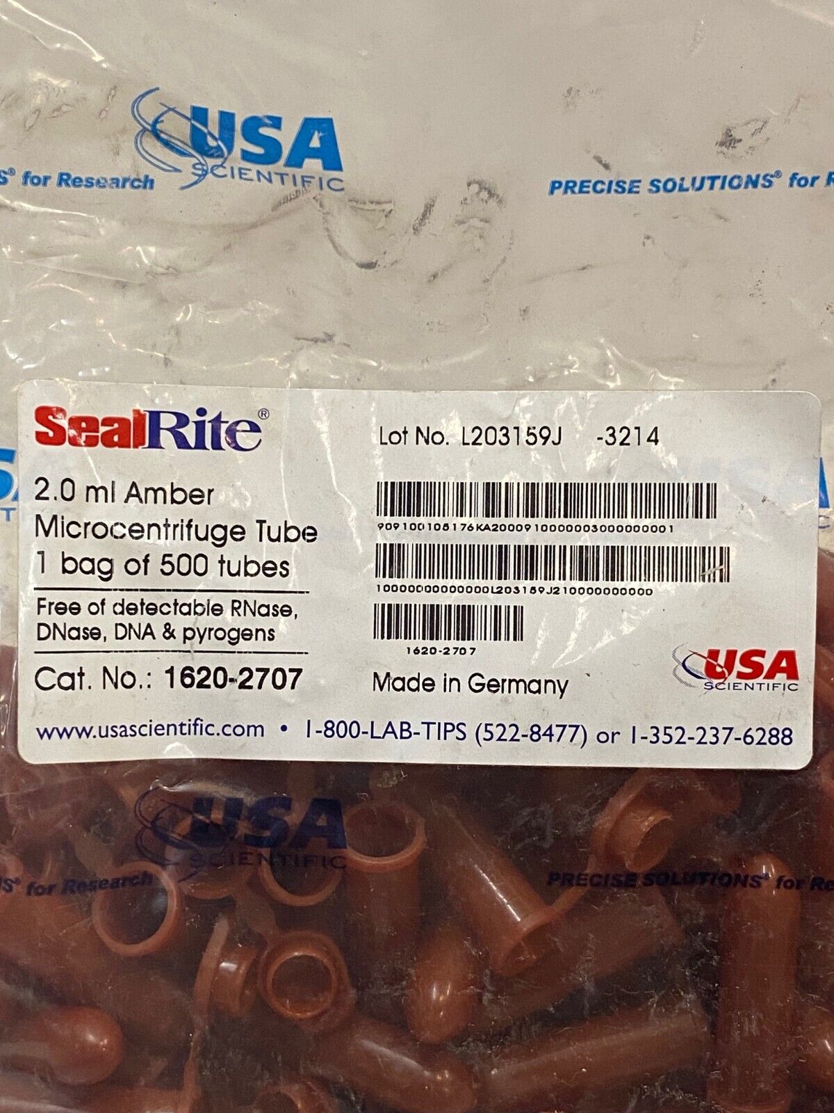 1 Bag of 500 Tubes of Seal Rite 2.0 ml Amber Microcentrifuge Tube 1620-2707