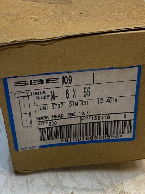 Box of 200 SBE 10.9 M-6x55 Hex Screws UNI 5737 DIN 931 ISO 4014
