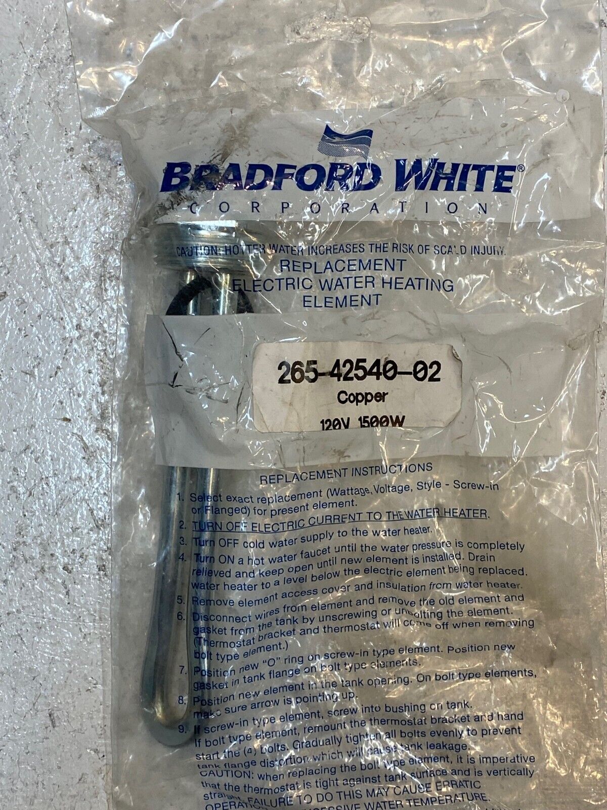 Bradford White 265-42540-02 Copper 120V 1500W Screw-In Water Heater Element