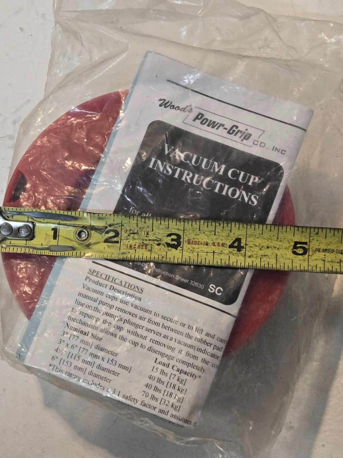 Woods Powr-Grip Vaccum Cup 91200 | 4-1/2" Diameter Cup | 40 Lb Capacity