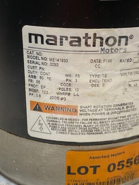 Marathon Motor ME141933, 3-1/3" 22mm Shaft, 900 RPM, 60 HZ, 2.3 HP, 230 V