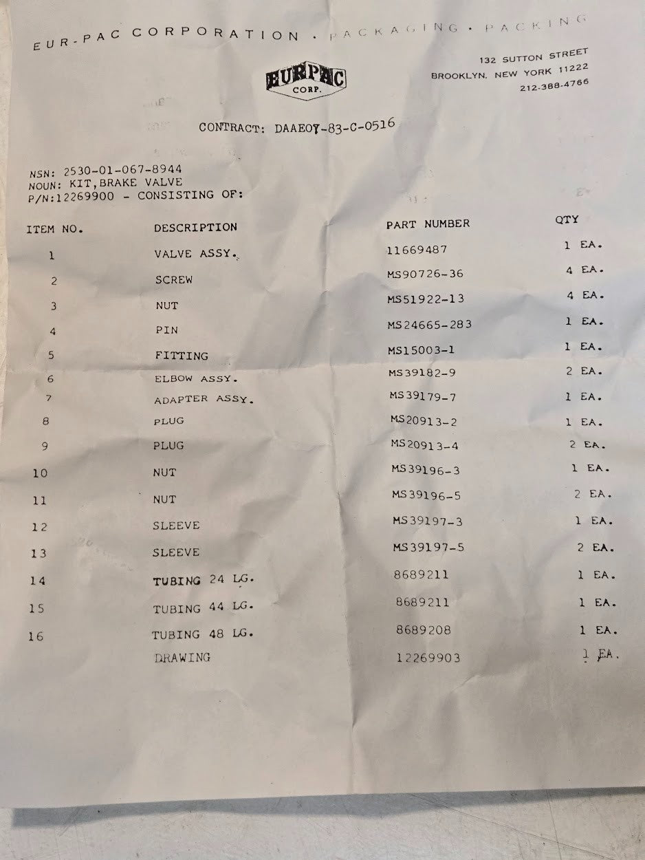 Eur-Pac Hardware Kit 12269900 for Bendix King Brake Valve | Pictured Items Only