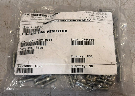 Bag Of 98 S.W.  Anderson FH-0420-16ZI PEM Self-Clinging Flush Stud Replacements