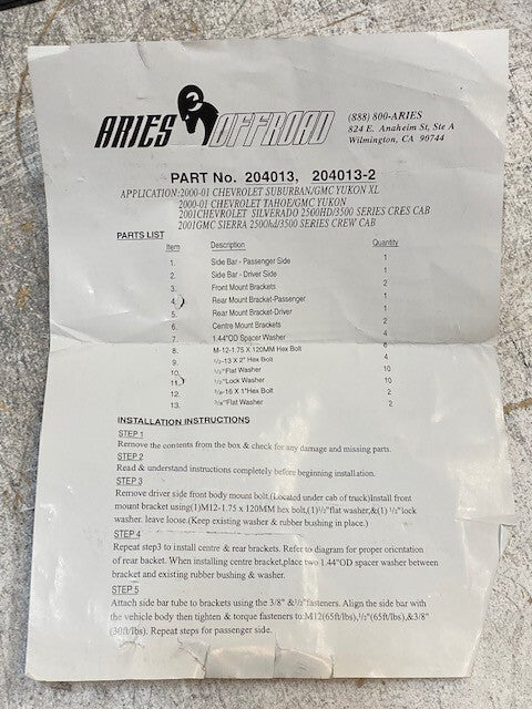 Aries Offroad 204013, 204013-2 Hardware Kit 3" Steel Side Bars