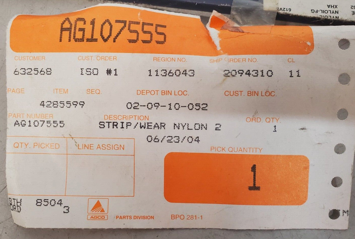 Agco Strip Wear Nylon AG107555 | 4285599 | 6PA Blue | 6PA MOS2 Nyloil-FG | 612VS