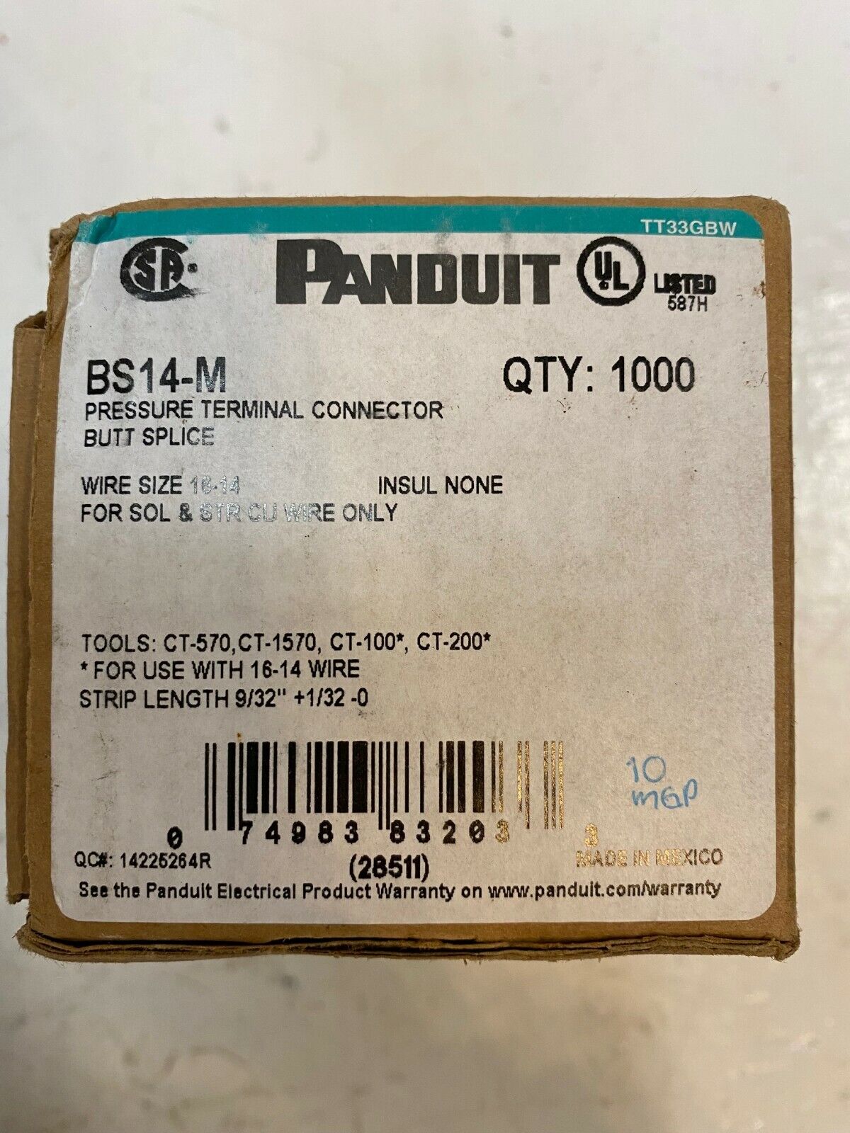 Panduit BS14-M Pressure Terminal Connector Butt Splice Wire Size 16-14 Qty: 1000