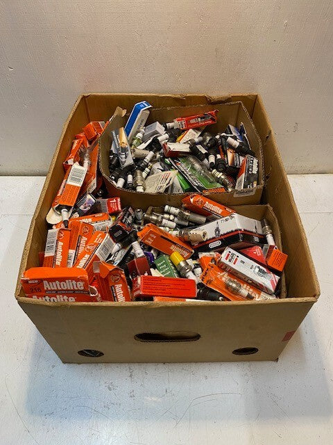50lb Box of a Variety of Laser, Autolite, Bosch, SpitFire, Mopar Spark Plugs