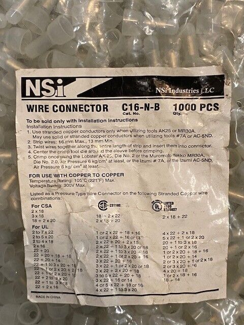 Pack of 1000 NSI Nylon Closed End Wire Connectors C16-N-B