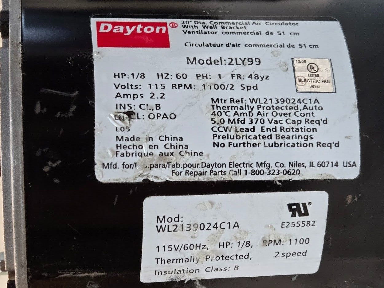 Dayton 2LY66 Motor WL2139024C1A | E255582 | 115V | 1100 RPM 2 Speed