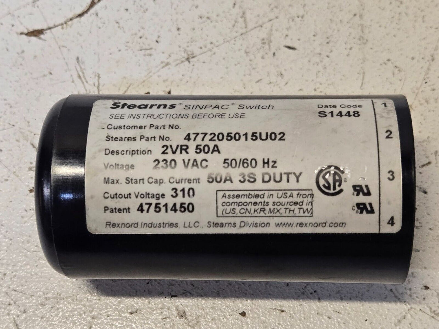 Stearns Sinpac Switch 477205015U02 | 2VR 50A | 230Vac