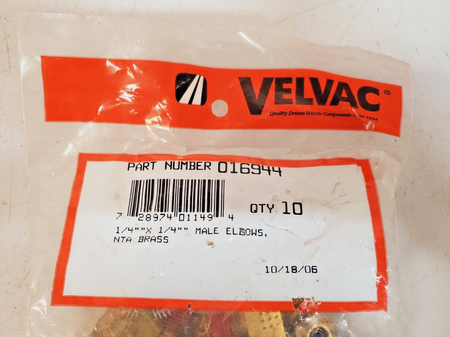 10 Quantity of Velvac 1/4 x 1/4 Male Elbows NTA Brass 016944 (10 Qty)